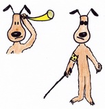 Hund mit Hörrohr und Blindenstock